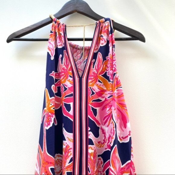 Lilly Pulitzer Floral Lucia Halter Dress in Bright Navy Women Size XS - Picture 6 of 9